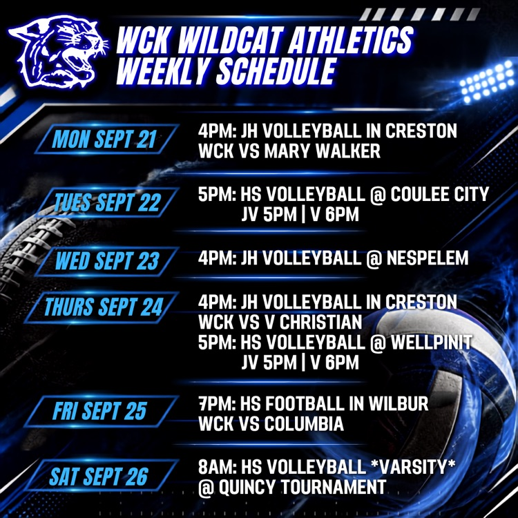 WCK athletic schedule for the week of 9/21-9/26
