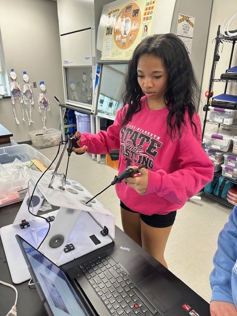 Dinah trying the laparoscopic surgery trainer.