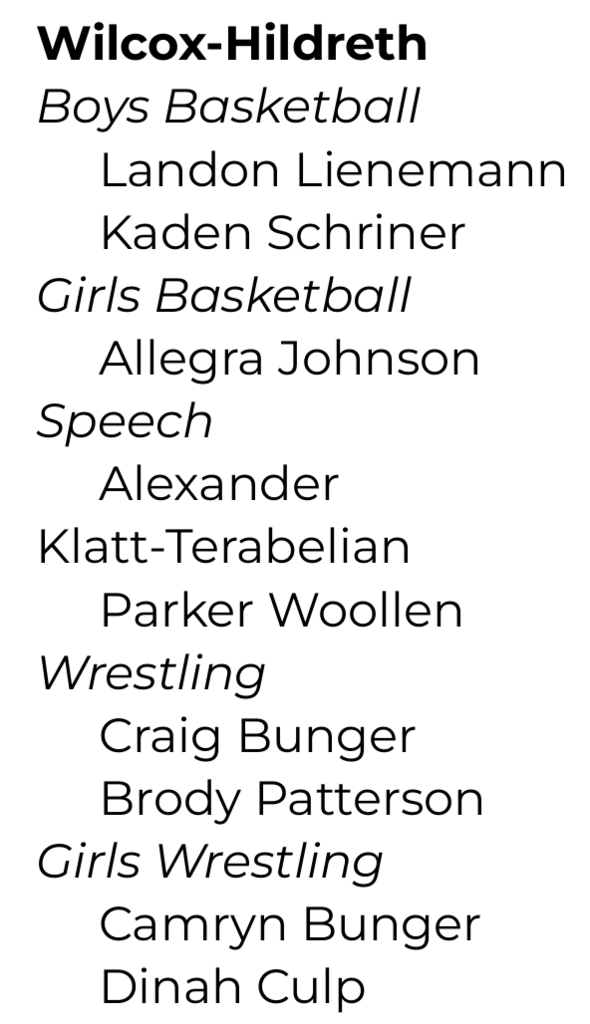 Wilcox-Hildreth winter activities NCPA Academic All-State