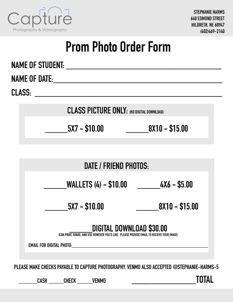 Capture Photography Order Form
