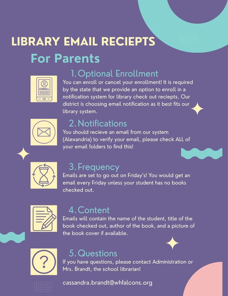 Info graphic describing Optional Email Enrollment information such as weekly email notifications, checking all inboxes for an email verification, and information included in those weekly emails. Contact cassandra.brandt@whfalcons.org for more information.
