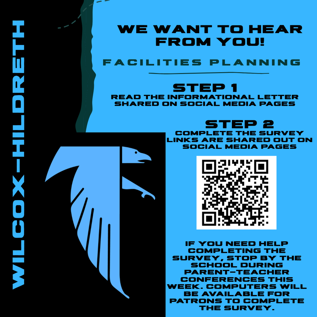 Visual image directing patrons to read the informational letter about facility updates and to then complete the patron survey. If individuals need help completing the survey computers will be available during parent teacher conferences tomorrow at the school in Wilcox