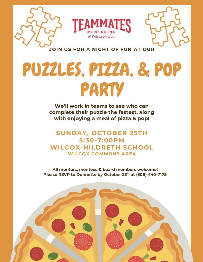 Teammates Mentoring of Wilcox-Hildreth- Join us for a night of fun at our puzzles, pizza, & Pop Party
