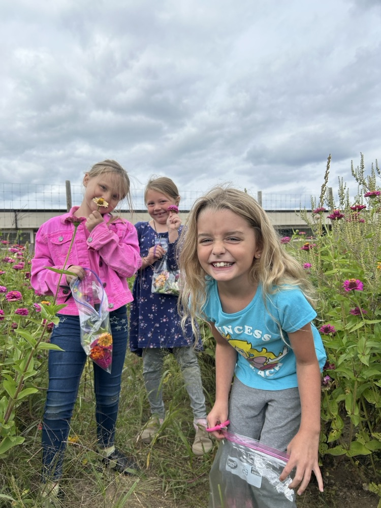 second graders pick flowers in school garden