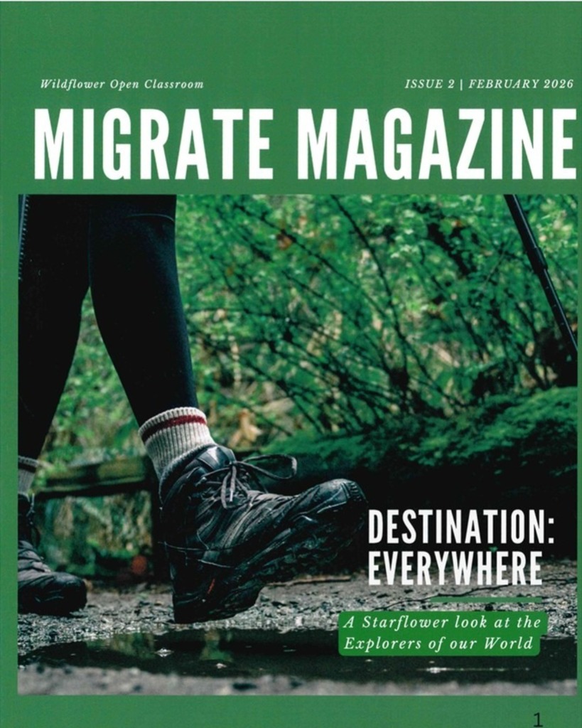 The cover of our very first student-run magazine titled "Migrate Magazine: A Starflower look at the Explorers of our World!"
