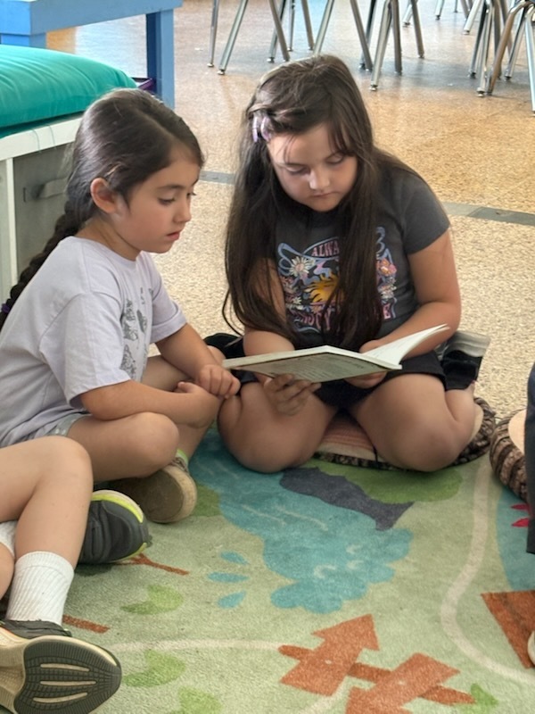 A first grader reading to a kindergartner to practice her reading skills!