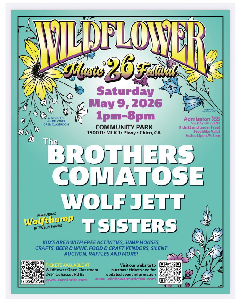 Our flier for this year's music fest! Featuring The Brothers Comatose as our headliner alongside Wolf Jett and T Sisters, with Wolfthump playing in between sets!