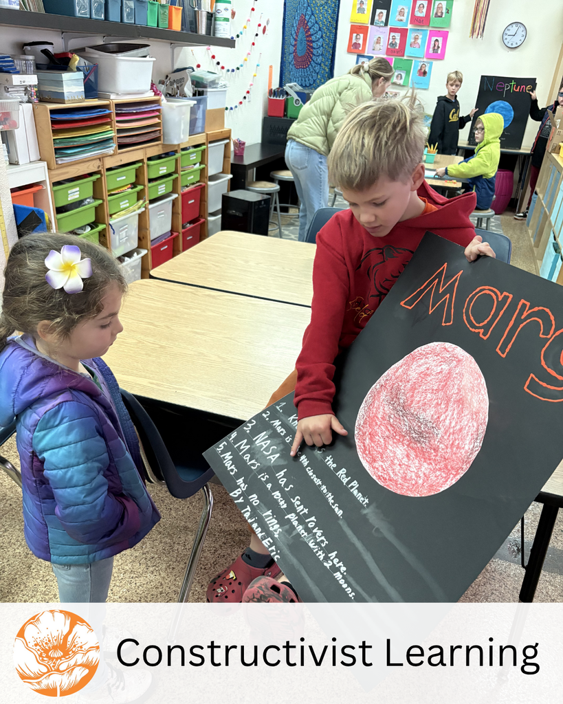 The pillar of Constructivist Learning with a photo of two students working on a poster all about the planet Mars.
