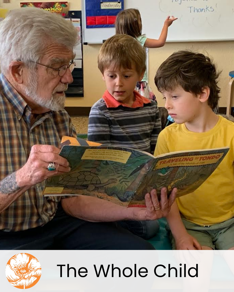 The Whole Child pillar with a photo of Steve Tchudi reading to two students.