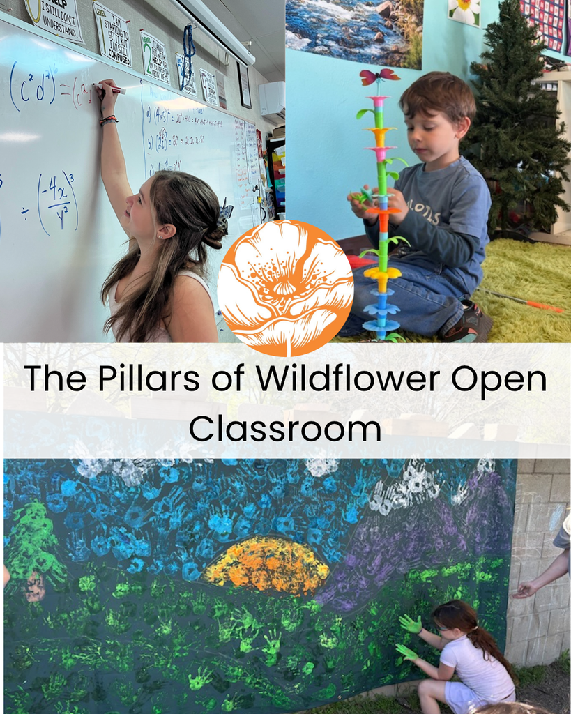 The pillars of Wildflower Open Classroom with pictures on students and our school.