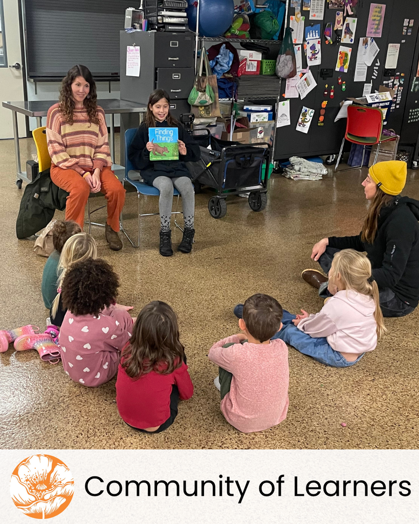 Our Community of Learners pillar with a photo of one of our older students reading to a group of younger students.