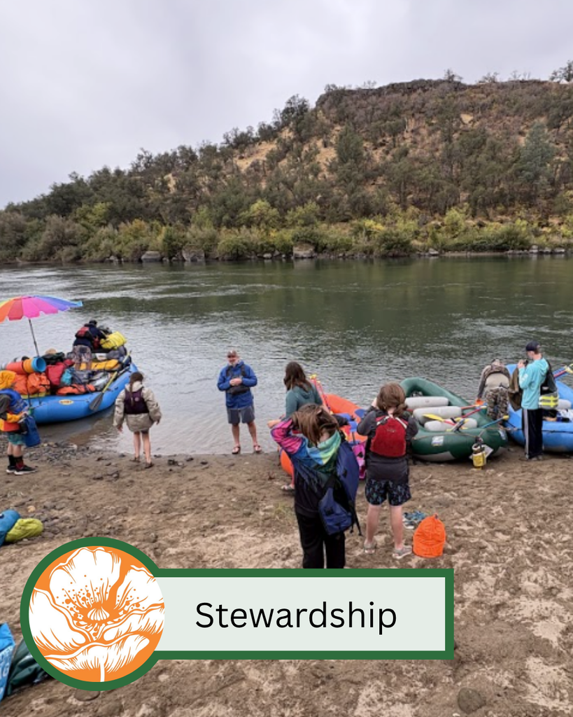 A photo of our middle schools on the bank of a river during their river trip with text that states "Stewardship".