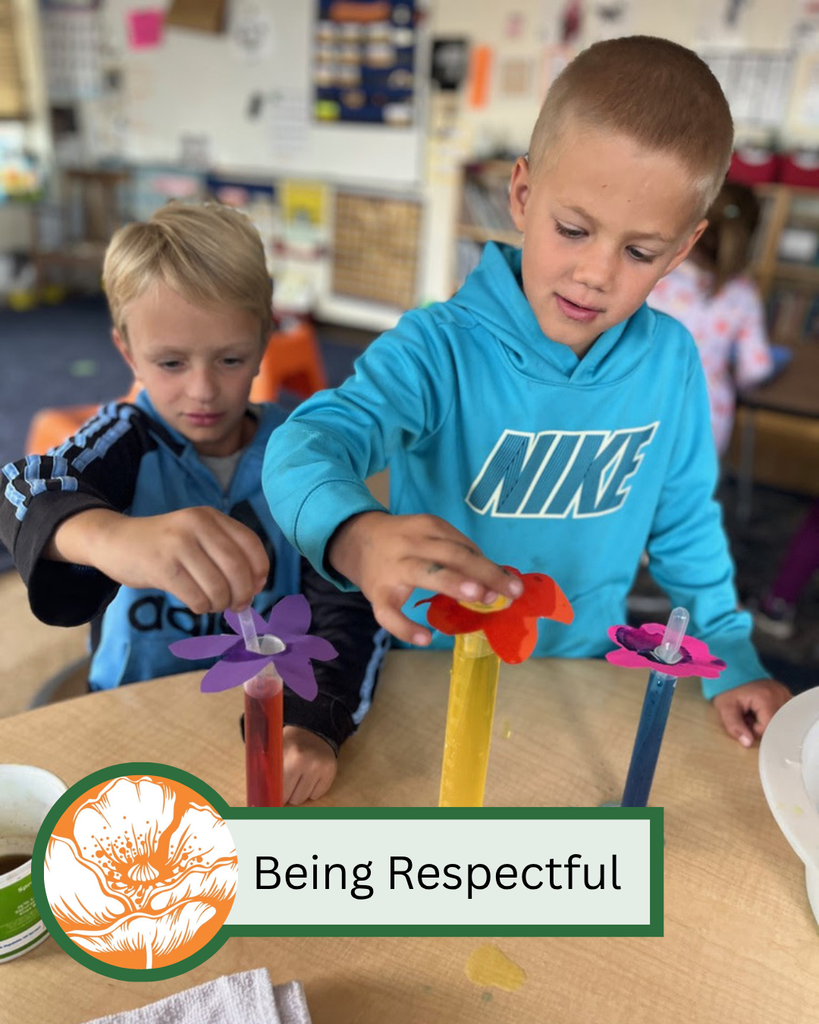 A picture of two boys working on a science project with text that states "Being Respectful."