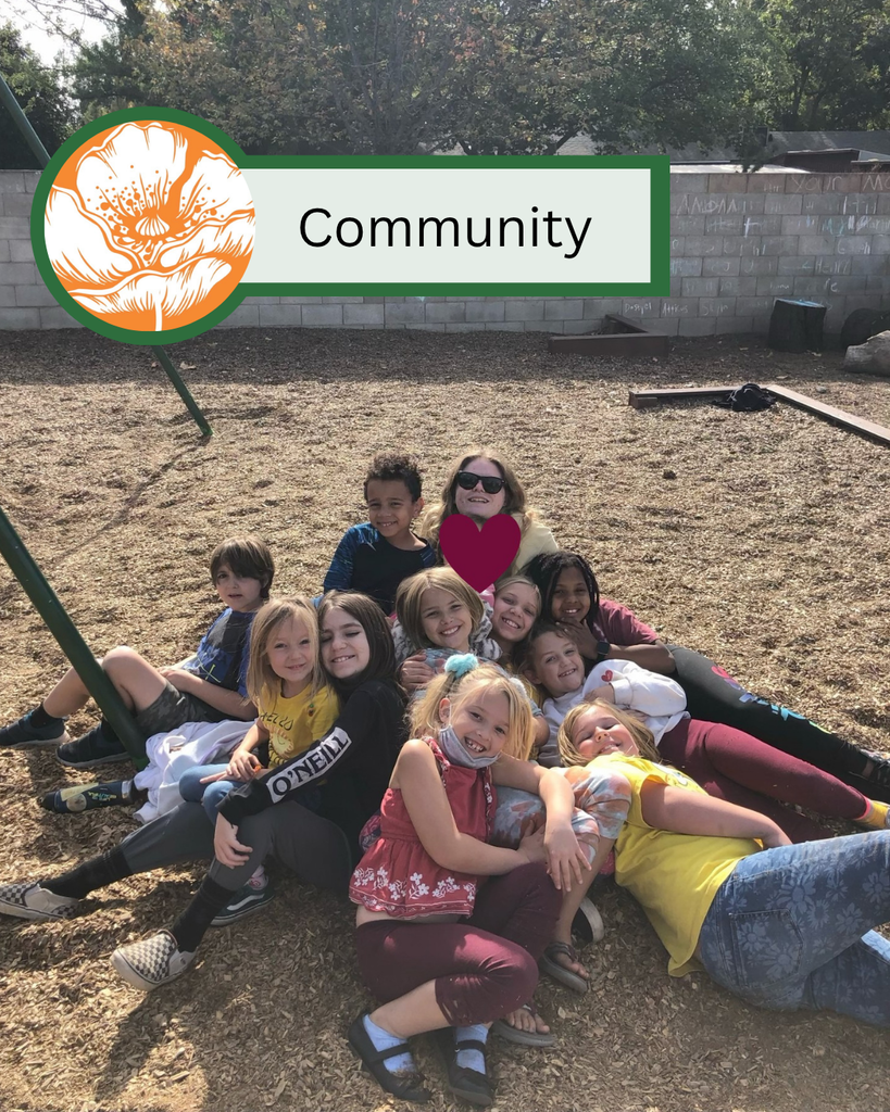 A photo of our after school kids sitting in the swing set tank bark. They are sitting in a big huddle with text that states "Community."