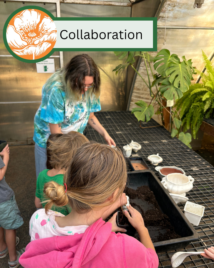 A photo of an afterschool teacher working with a group of students who are planting pumpkin plants with text that states "collaboration."