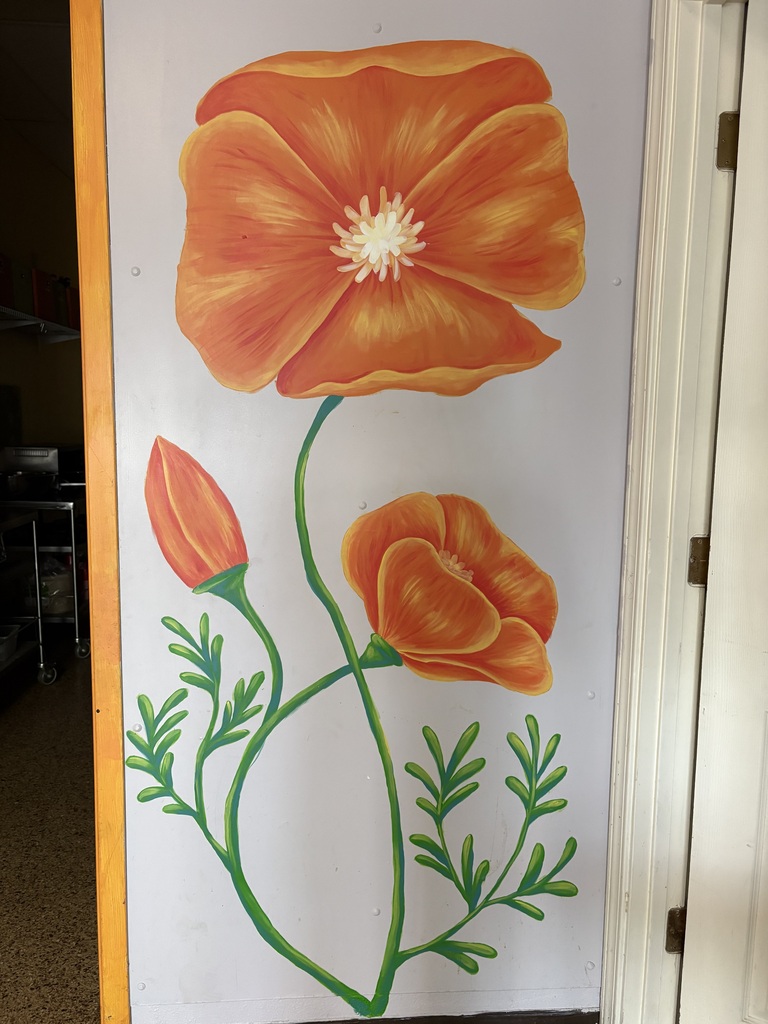 A photo of our giant poppy mural in the hallway near the bathrooms.