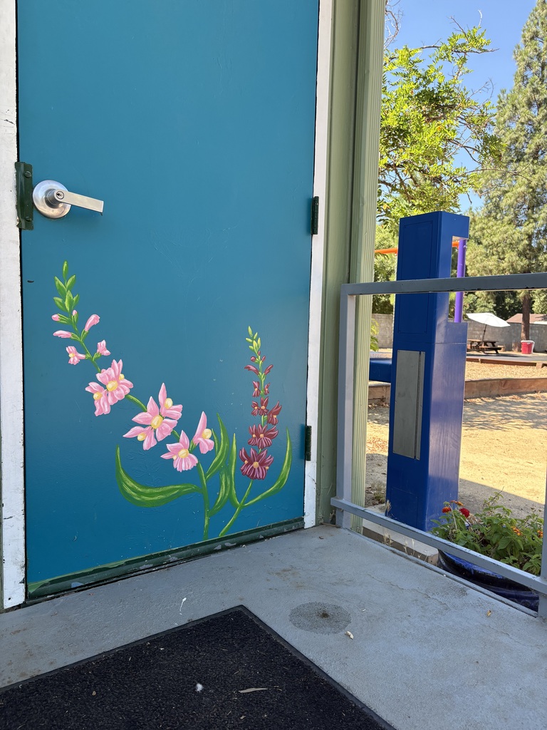 Here is a photo of one of our middle school classrooms with a blue door and some pink and purple wildflowers painted on the front.