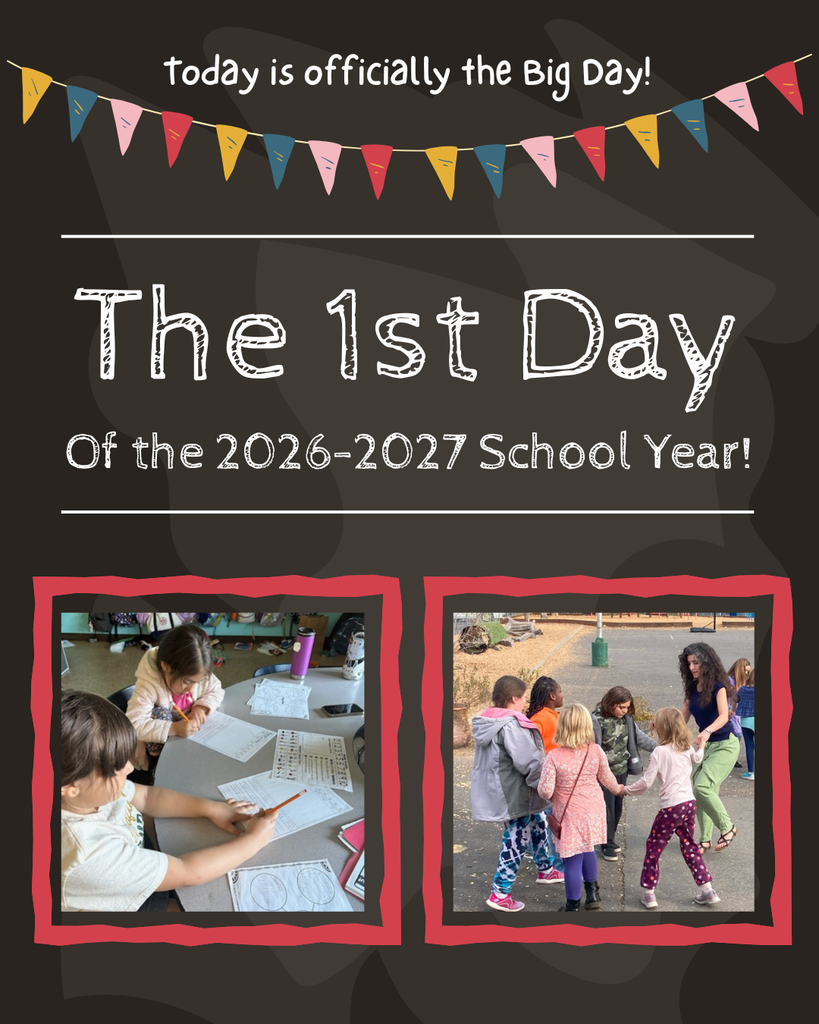 Here is a photo of our first day of school flier! It includes a picture of students working at a desk and a group of students learning a traditional Greek dance with one of our parent volunteers.