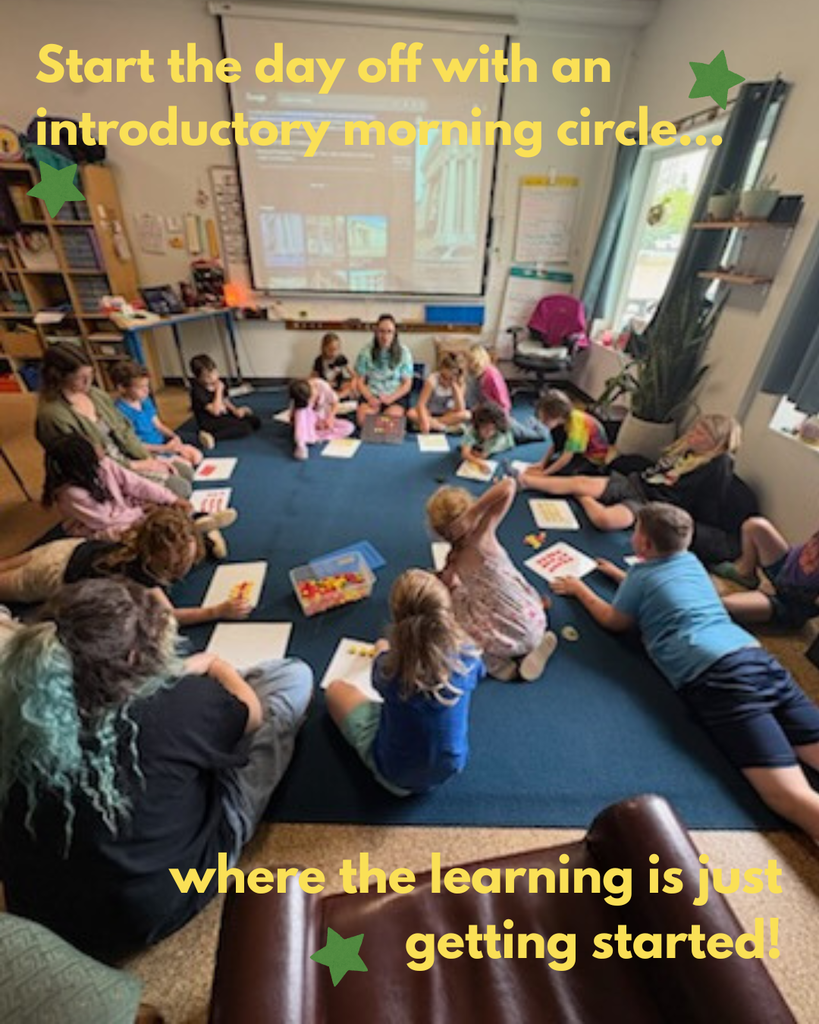 A photo of Sammie's class during morning circle with a caption that says; "Start the day off with an introductory morning circle, where the learning is just getting started!"