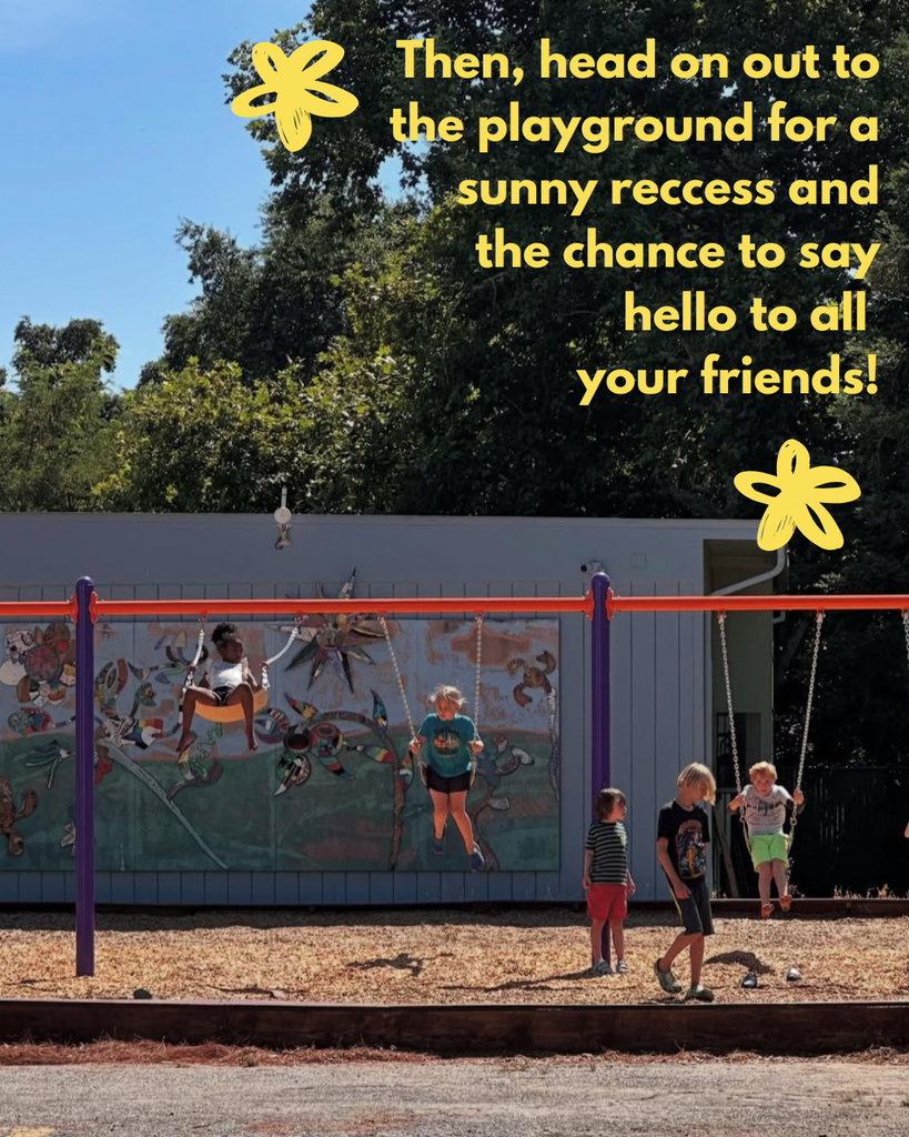 A photo of a group of 5 students on the swingset on campus with a caption that says; "Then, head on out to the playground for a sunny recess and the chance to say hello to all your friends!"