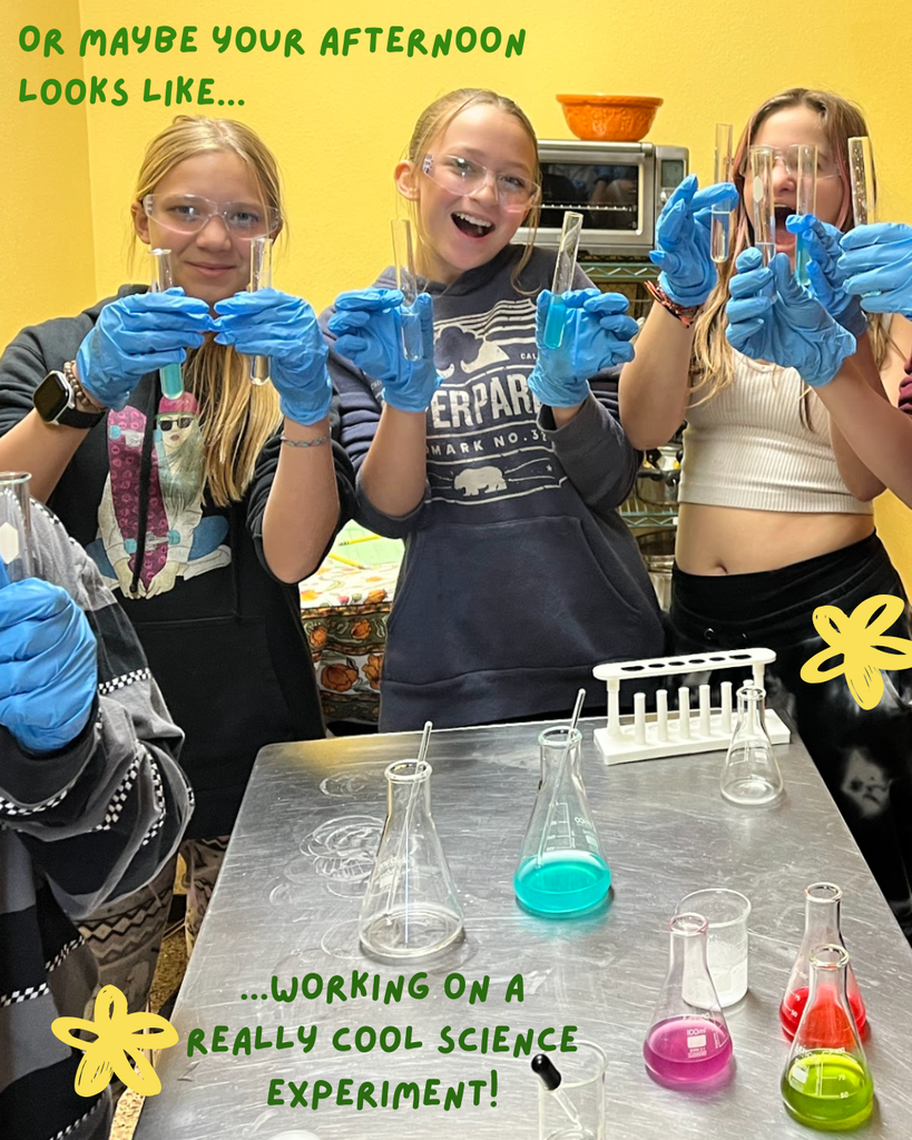 A photo of three students holding up beakers for a photo as they work on a science project. The caption for this photo says; "Or maybe your afternoon looks like working on a really cool science experiment!"