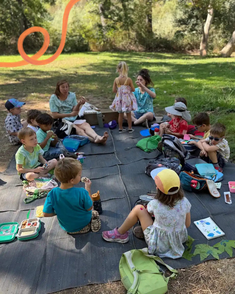 Here is a photo of our entire TK Forest School class sitting on a blanket as they are being given a lesson. Here, they are also sitting in a green, grassy field with trees in the background.