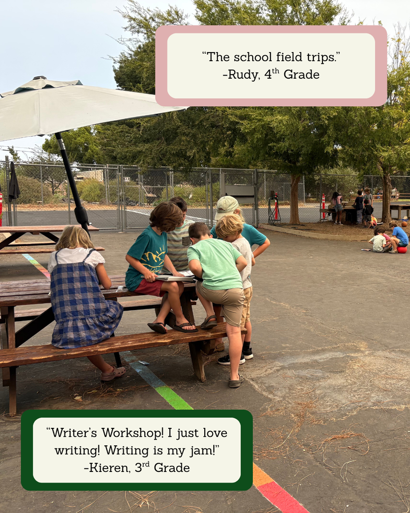 Here is a photo of a group of students hanging out at the picnic tables on the blacktop. They are are looking at something together. In the top right corner is a student quote that says "The filed trips." In the bottom left corner is a student quote that says "Writer's Workshop! I just love writing! Writing is my jam!"