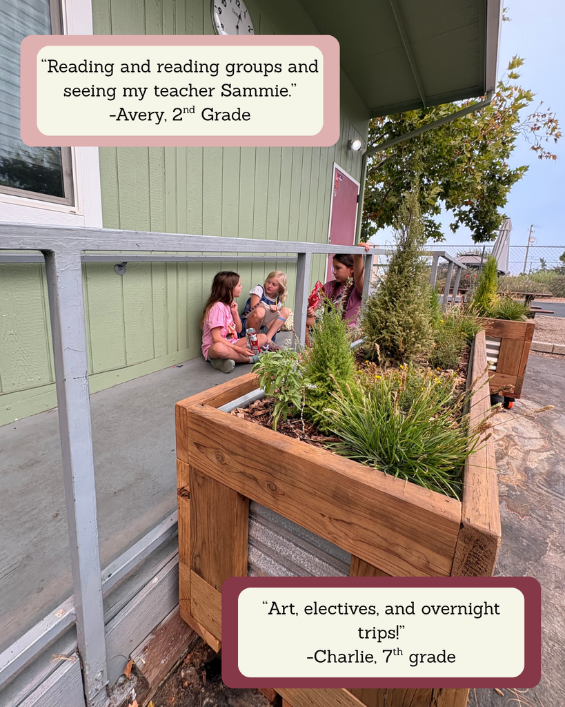 A photo of three students sitting on the ramp leading up to a classroom. In the top right corner is a quote that says "Reading and reading groups and seeing my teacher Sammie." In the bottom left corner is a quote that says "Art, electives, and overnight trips."