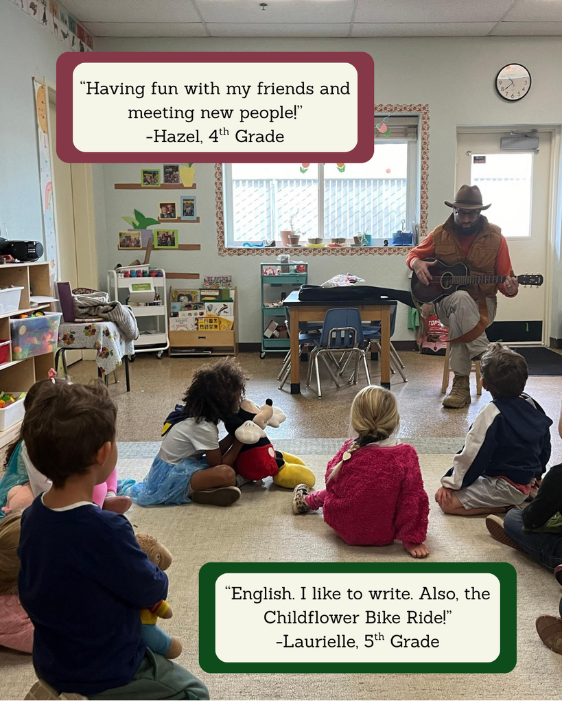 Here is a photo of our TK students sitting on the carpet while a volunteer plays the guitar. In the top left corner is a quote that says "Having fun with my friends and meeting new people." In the bottom right corner is a quote that says "English. I like to write. Also, the Childflower Bike Ride!"