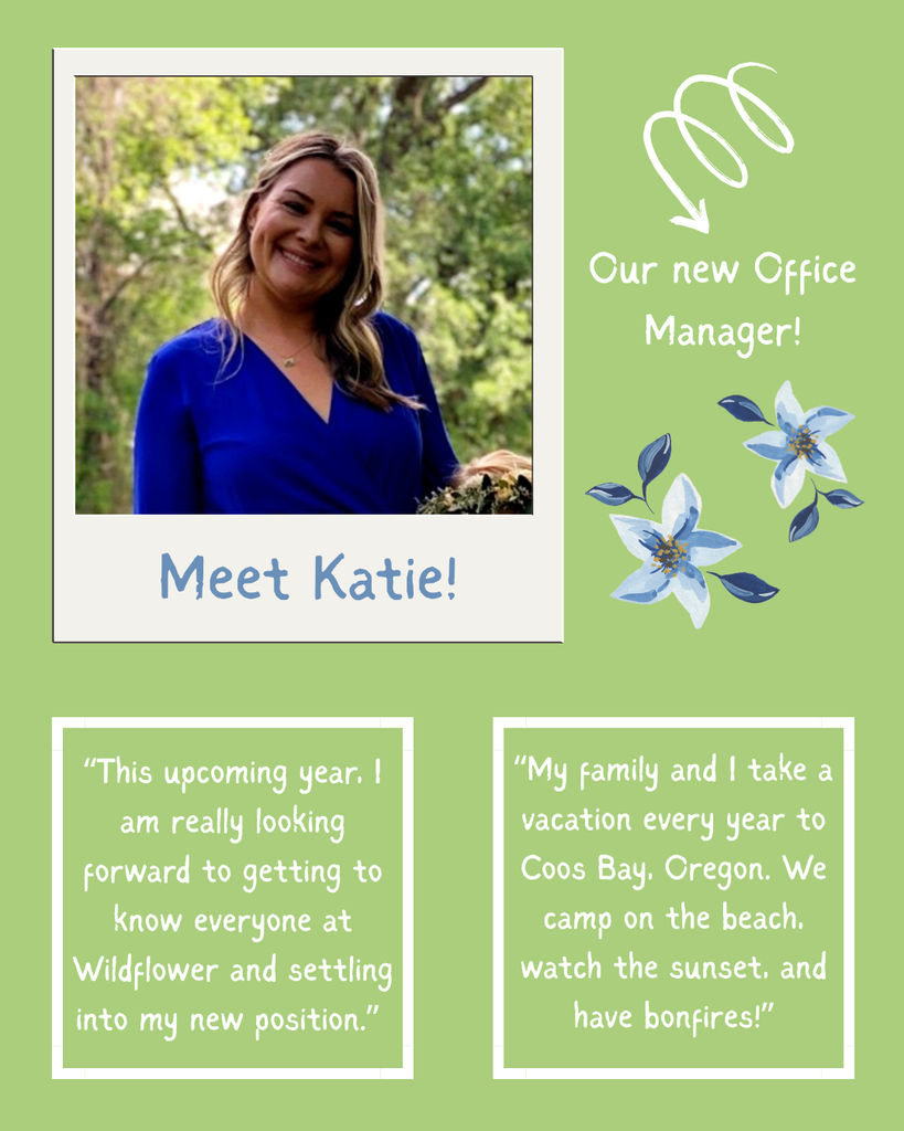The last slide follows the same format as the last two, which highlights our new Office Manager, Katie. The bottom left square has a quote that says, "This upcoming year, I am really looking forward to getting to know everyone at Wildflower and settling into my new position." The right square says, "My familys and I take a vacation every year to Coos Bay, Oregon. We camp on the beach, watch the sunset, and have bonfires!"