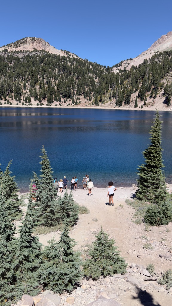 Here is a photo of a group of students on a hike to an alpine lake. The students are standing between a few pine trees on the bank of the lake. In the background, there are mountains with some trees at the base and a very blue sky.