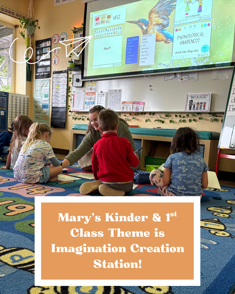 This photo shows four students sitting on the carpet during a small group lesson with the teacher. Towards the bottom of the photo in the middle is a framed orange box with a caption inside that says "Mary's Kinder & 1st class theme is Imagination Creation Station."