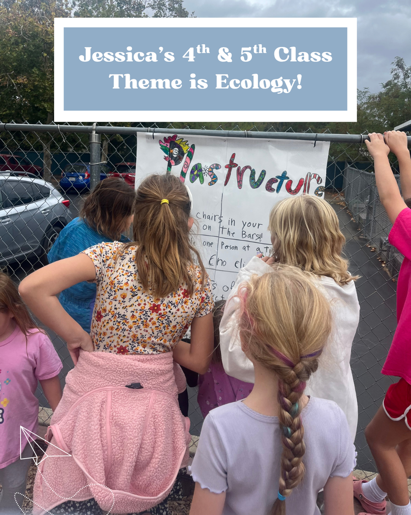Here is a photo taken behind a group of students looking at a poster about plastic that has been hung up on the fence. At the top of the photo in a light blue framed box is a caption that says "Jessica's 4th & 5th Class Theme is Ecology!" In the bottom left corner is a paper airplane doodle.