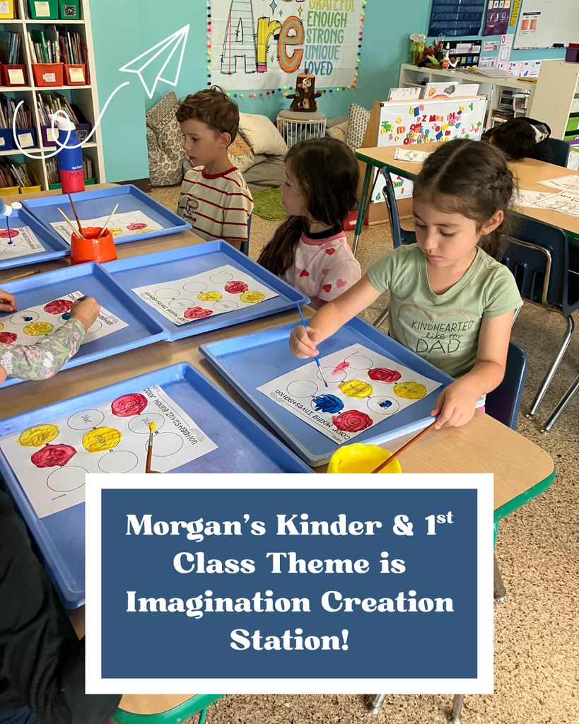 Here is a photo of six students sitting at a table together learning to mix colors through paint. Towards the bottom, in a navy blue framed box is a caption that says, "Morgan's Kinder & 1st Class Theme is Imagination Creation Station!" In the top left corner is another paper airplane doodle.