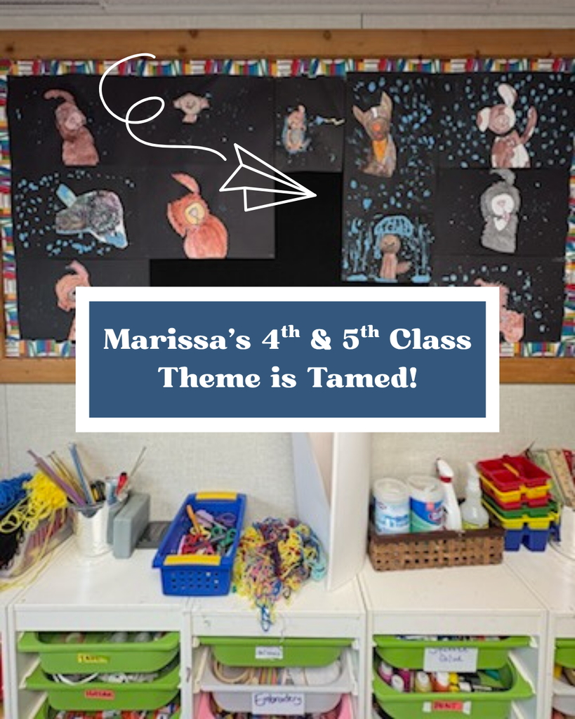 Here is a photo of a cork board in a classroom with student artwork of animals on it. The board is sitting on the wall above a shelf of cubbies. In a navy blue framed box in the center of the photo is a caption that says, "Marissa's 4th & 5th class theme is Tamed!" Above the box at the top is a paper airplane doodle.