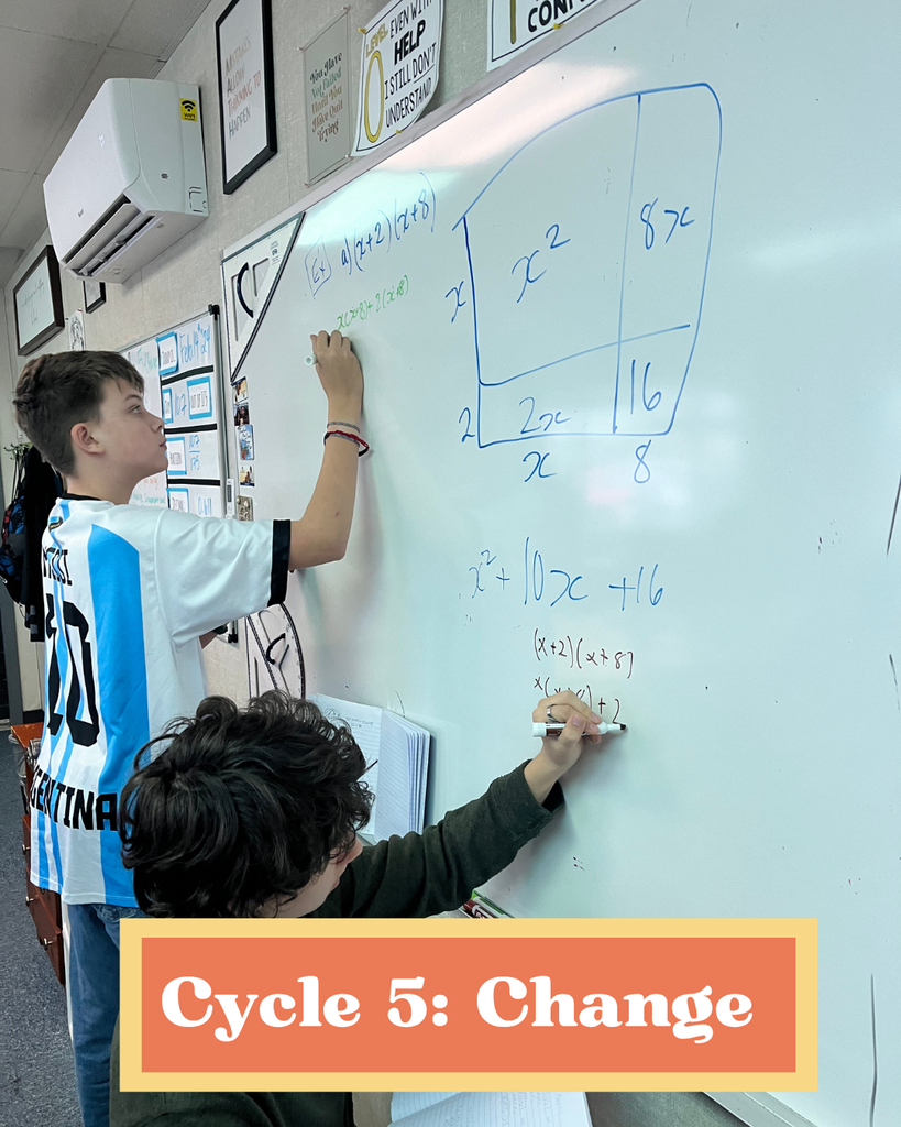 Here is a photo taken from the side of two students working on a math problem on the whiteboard. One is standing and working towards the top of the board and the other is kneeling and working on the bottom of the board. They each have their textbooks out. In a box towards the bottom is text that says "Cycle 5: Change"