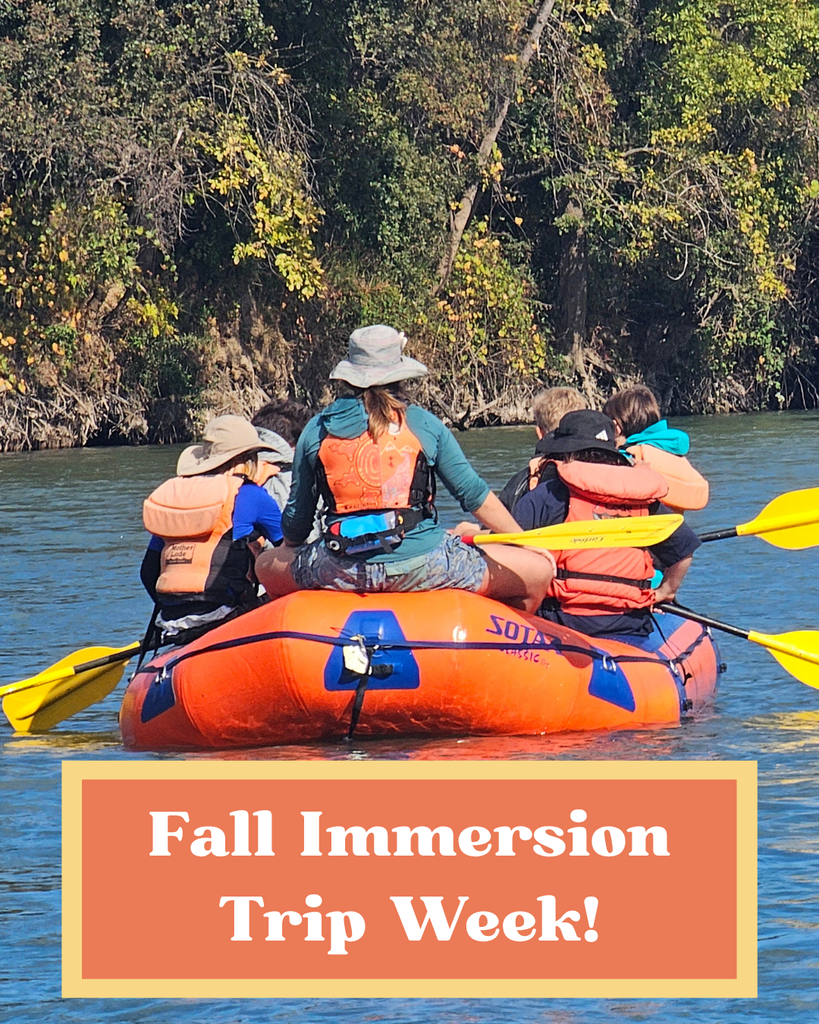 This is a photo taken on a WOCAP river trip. This photo is taken from behind a raft with 6 students and 1 guide. They are sitting on the river in an orange river raft. In the background you can see lots of water and a shoreline with lots of green bushes. Towards the bottom in an orange and yellow box is text that says, "Fall Immersion Trip Week!"