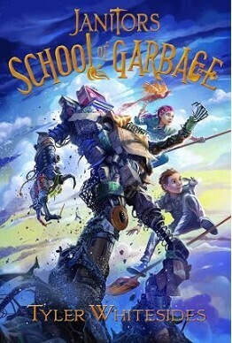 Here is a photo of the book titled "Janitor's School of Garbage." The book cover is blue with clouds in the background. At the top, in gold writing is the title of the book. Underneath is an illustration of what looks like a giant man made of garbage. On his shoulder is a young kid and there is another on his leg. They are standing above the clouds. At the bottom in gold writing is the name of the author.