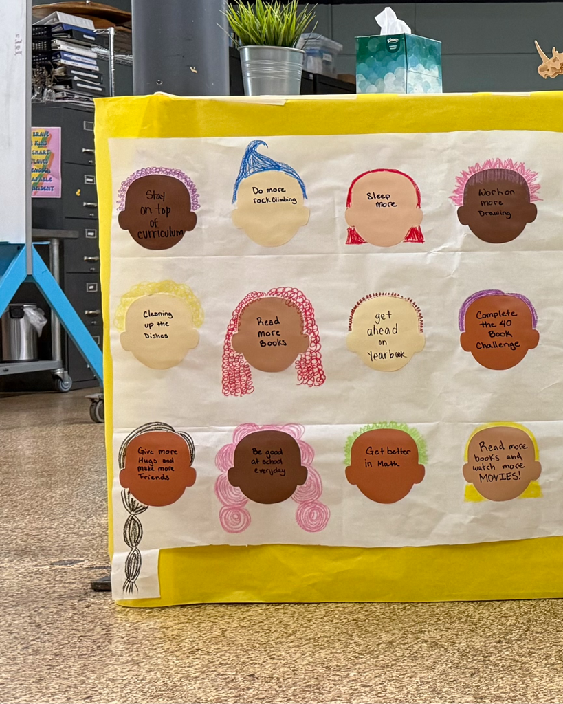 Here is a photo of a banner that our afterschool students created. The banner background is yellow, with a white sheet placed on top of it. On the white sheet of paper, students have attached paper cut into the shape of heads. Students have drawn their hair onto the head. In the center of the face, students have written goals that would like to work towards during the school year. This photo is split between three frames, this is the first one.
