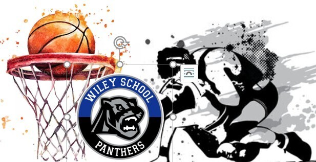 Image of basketball going into a hoop, with Wiley School Logo and image of wrestlers