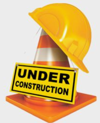 Under Construction sign with a hard hat and cone.