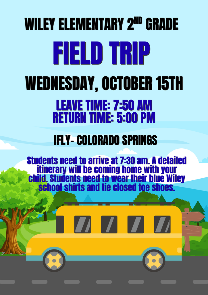 2nd grade will be going to Colorado Springs for a field trip on Wednesday, October 15th. A detailed itinerary will be coming home soon. Student need to arrive at school at 7:30 am. Student need to wear their blue school shirts and closed toe tie shoes. 
