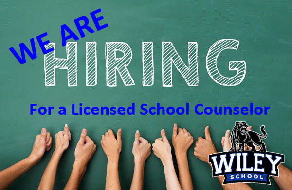 We are hiring.  For a licensed School Counselor.  Text is on a green background with a bunch of hands at the bottom showing "thumbs up."