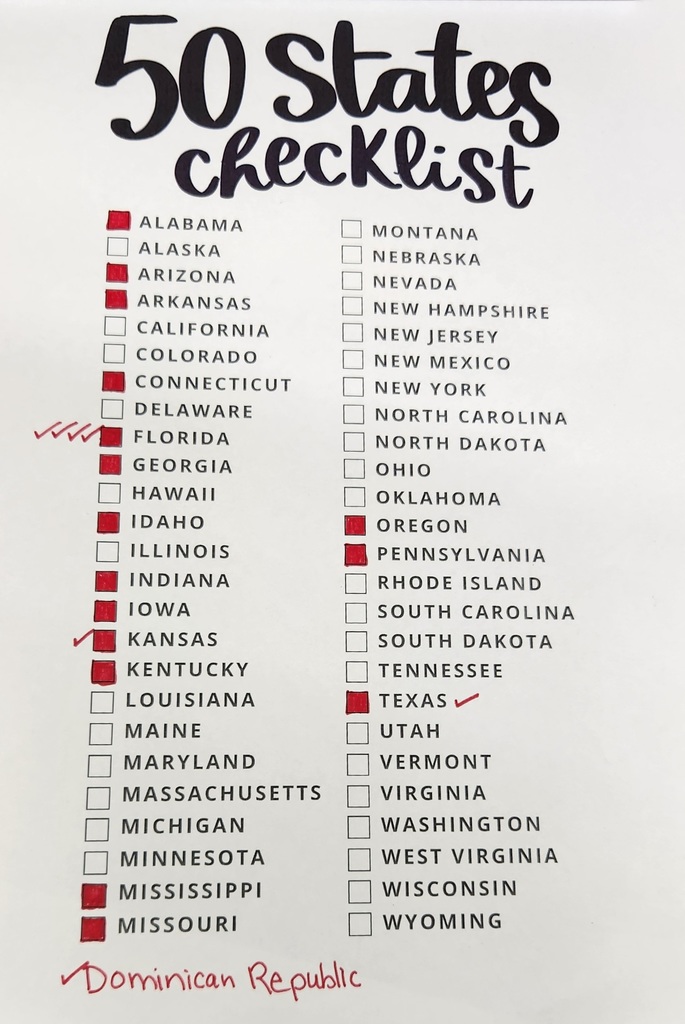 50 State checklist showing the states the preschool has gotten valentine mail from.