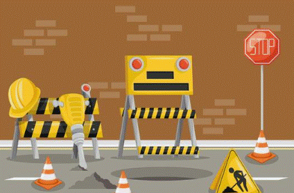 Construction work equipment for road work- drill, stop sign, men at work, hard hats, and cones