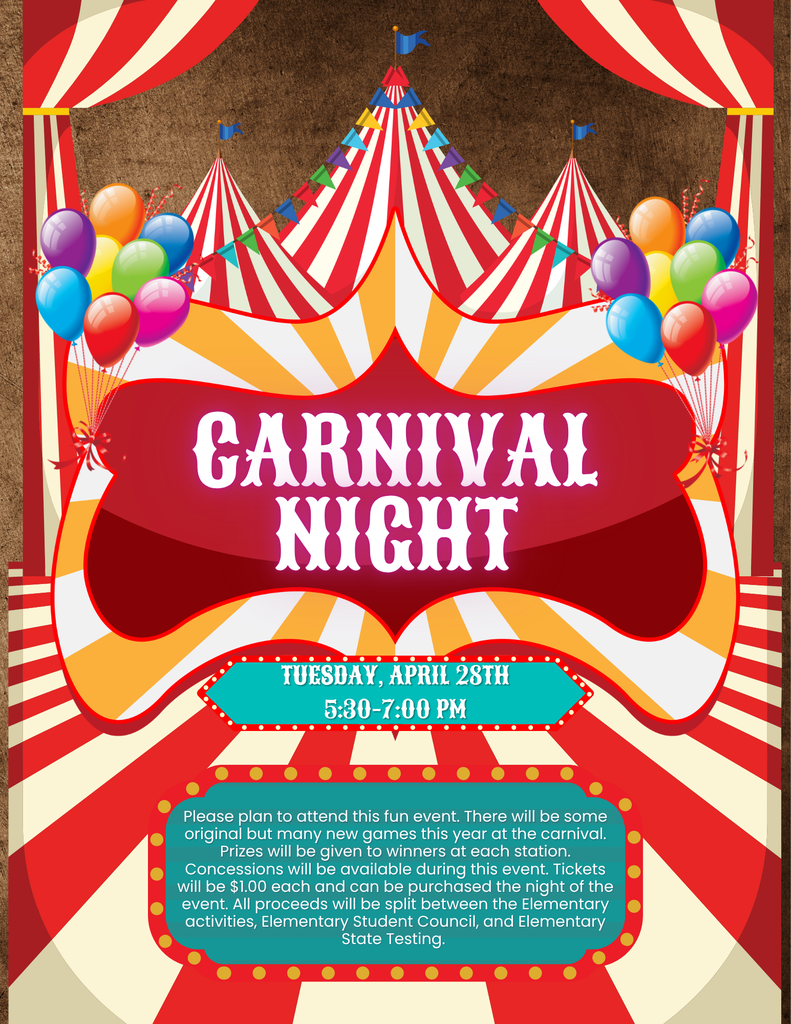 Please plan to join us on Tuesday, April 28th from 5:30-7:00 for a night of family fun at the carnival. There will be some original fan favorite games, but also many new. Each station requires tickets to play with prizes provided to the winners. Tickets are $1.00 each and can be purchased the night of the event. Small concessions will be offered during the event as well. See you Tuesday!