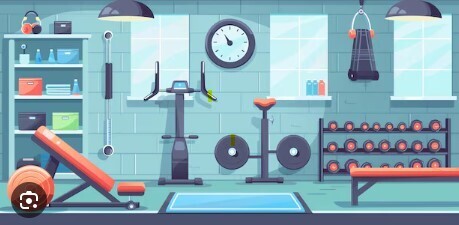 Cartoon picture of a weightroom with weights and weight benches.