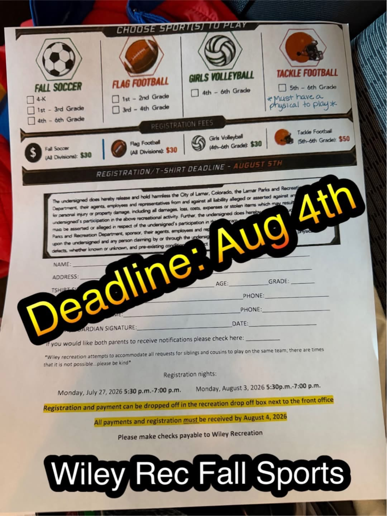 TONIGHT (08-03-26) is the final night for recreation sign-ups. If you missed signing up during registration, please stop by the Wiley School Commons area from 5:30-7:00. Attached is a flyer for sports offered and their registration prices.