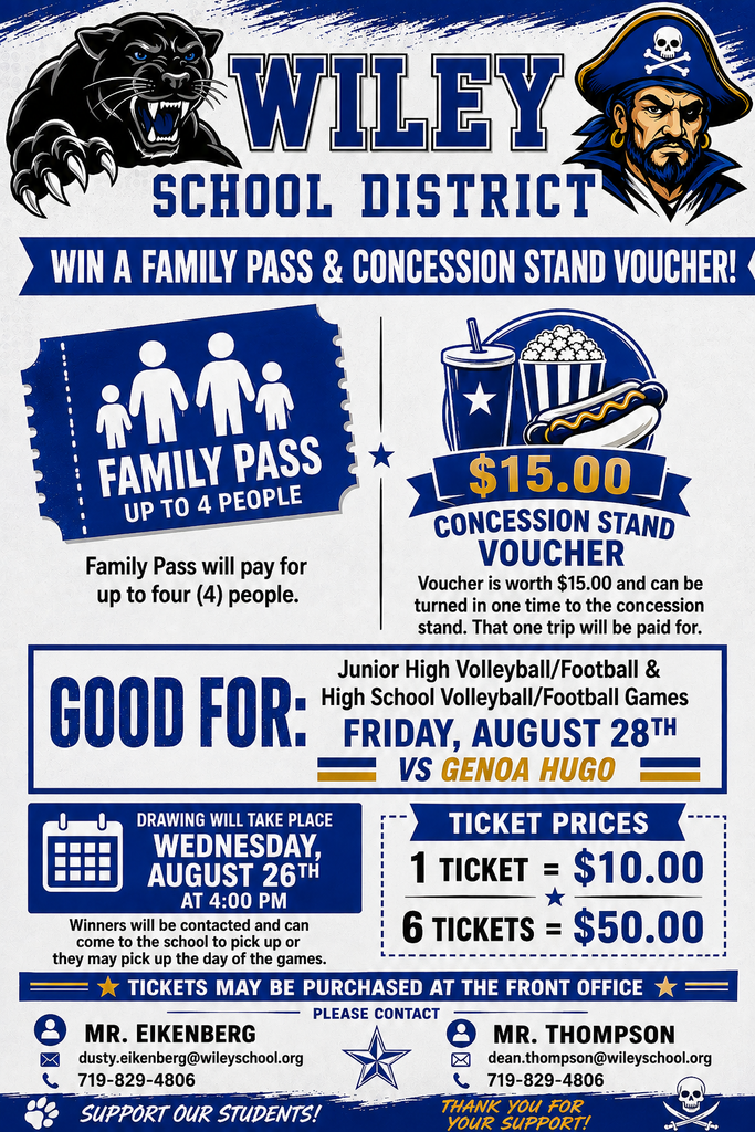 Tickets are available to purchase at the front office or by contacting Mr. Eikenberg or Mr. Thompson for a Family Pass for four and a $15.00 Concession Stand Voucher. This Family Pass will cover the cost of four people into all volleyball and football games on Friday, August 28th vs Genoa Hugo and one trip to the concession stand. Payment and tickets must be picked up by 3:30 pm on Wednesday, August 26th as the winner will be announced at 4:00 pm. Please reach out with any additional questions you ay have. 