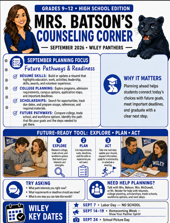 Mrs. Batson's High School Counseling Corner. Focus this month is on future pathways and readiness. At home tools and tips. Important dates.